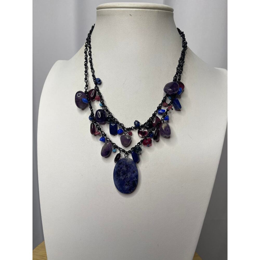Chico's beaded pendant necklace black costume signed jewelry purple blue stones
